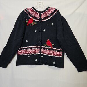 Vtg KB Collections Womens Cardigan Sweater Sz XL Black Fair Isle Cardinals